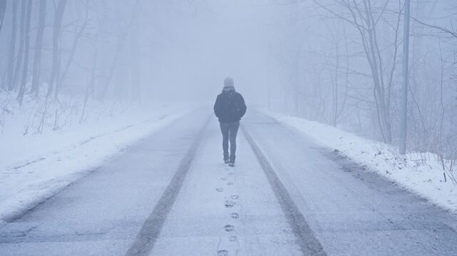 Woman walking away along snow covered road in heavy winter fog. Footprints in fresh snow and silent forest create minimal, atmospheric and cinematic cold weather scene.