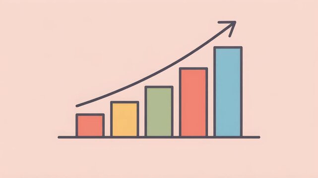 Very simple flat vector illustration of a rising bar chart with an upward arrow. Minimal design emphasizing business growth, success, and performance metrics.
