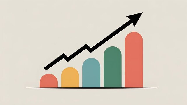 Very simple flat vector illustration of a rising bar chart with an upward arrow. Minimal design emphasizing business growth, success, and performance metrics.
