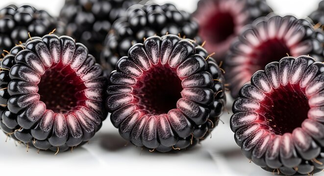 Black Raspberry Halves Showing Hollow White Core, Juicy, Deep-Toned Summer Fruit Captured In Detail, Their Vibrant Purple-Black Color Contrasting With Pale Interiors For A Naturally Elegant Texture