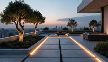 Fototapeta premium Minimalist rooftop garden with trees and seating. Concrete patio illuminated by soft yellow LED lights at twilight. City skyline visible in distance.