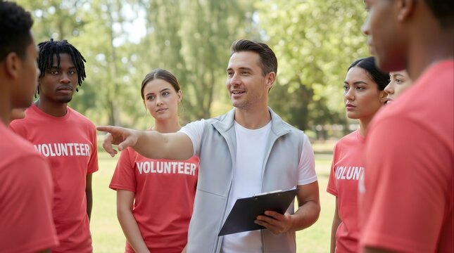 Male leader giving instructions to a group of diverse volunteers wearing red shirts in a park setting with trees and greenery in the background