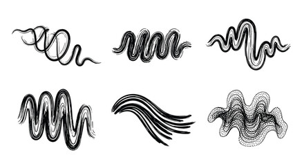 Obraz premium Set of six abstract black ink stroke patterns with wavy and curly lines, artistic hand drawn decorative elements on white background.