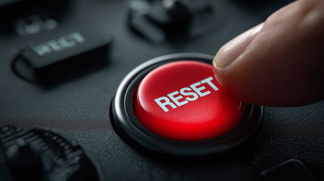Finger pressing a red reset button on control panel symbolizing restart or system reboot.