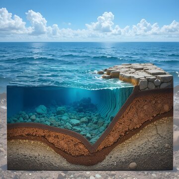 Cross section illustrates the geological layers beneath a rocky coastline meeting the clear blue ocean water.