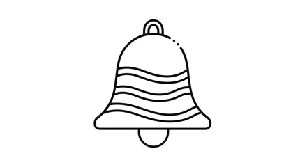Fototapeta premium Simple black and white line drawing of a bell features stylized horizontal wavy lines on its surface and a top loop.