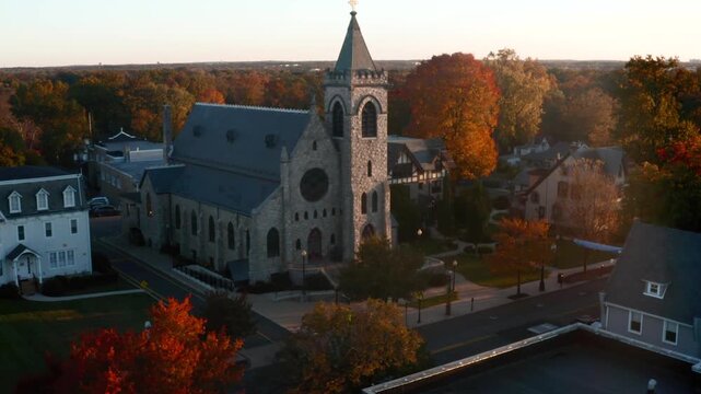 Old Stone Church Surrounded by Fall Foliage Autumn Colors
