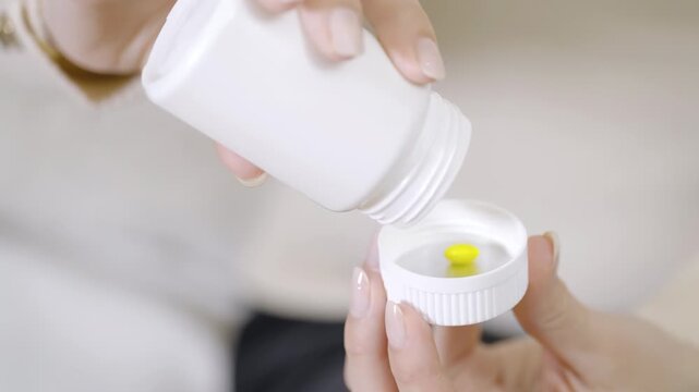 People young woman pouring yellow transparent capsules from a white bottle into her palm for a daily dose of vitamins, folic preconception drug bottle or weight loss diet drug, body skin health care