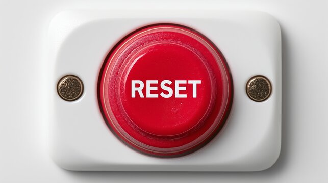 Red emergency button labeled reset on white wall plate, steel screw and bezel visible, conveys reset action, safety control, and emergency stop function.