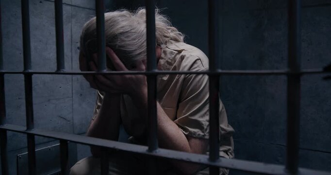 Wide shot of prisoner with pony tail in jail cell with dramatic lighting resting his face in his hands.