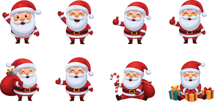 Cute Christmas Santa Claus Character Set Showing Different Gestures with Gift Bag Candy Cane Presents and Thumbs Up for Holiday Greeting, Festive Designs, Stickers, and Vector Illustrations