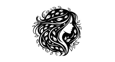 Fototapeta premium A stylized black and white illustration of a woman's profile with flowing hair intertwined with leaves, forming a natural, organic design.