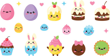 Fototapeta premium Cute Kawaii Dessert and Easter Egg Character Set with Smiling Sweets, Cupcakes, Bunny Cakes and Colorful Treats Isolated on White Background for Kids Design