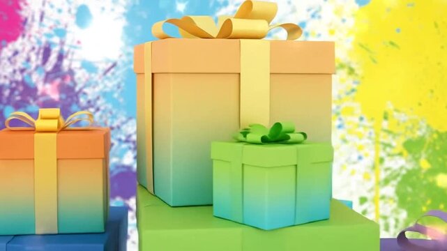 A vibrant arrangement of gradient gift boxes with bows against a colorful paint splatter background