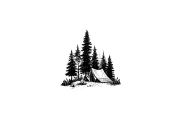 Fototapeta premium Vintage vector sketch of a camping tent and campfire in a pine forest. Engraving style digital illustration of outdoor wilderness camp isolated on white.