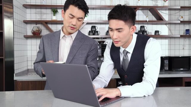 Businessman headache at computer for teamwork helping in office with training, review, glitch, support, care for mistake. Stress, collaboration and help coworkers in office for frustrated, 404 crisis