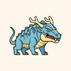 Fototapeta premium A cartoon creature with light blue skin, horns, and sharp teeth. The stylized illustration has a determined expression and is on a solid off-white background