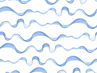 Fototapeta premium Blue watercolor wavy lines seamless pattern. Stripes repeatable background made with flowing seaweed. Wavy horizontal lines background, abstract algae, seaweed composition. Abstract light soft