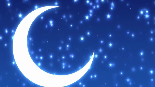 Crescent moon with sparkling stars against a deep blue night sky