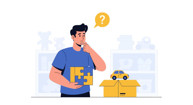 Man confused by puzzle pieces and toy car in box, thinking about assembly