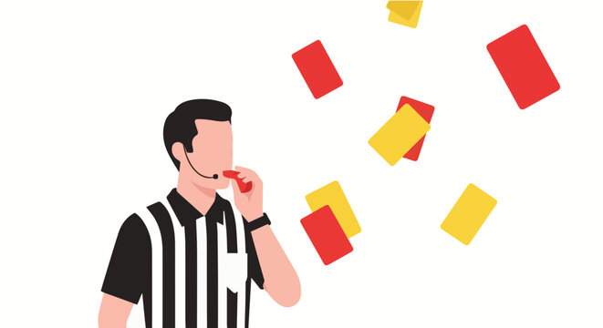 Flat vector cartoon illustration of male soccer referee blowing whistle throwing red yellow cards