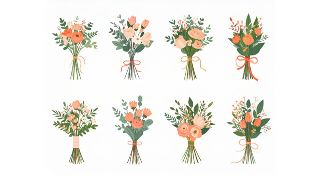 Elegant Flower Bouquet Objects Collection Minimal Flat Illustration