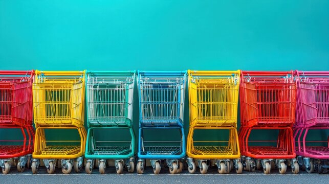 Colorful shopping carts lined up against a turquoise wall for retail and marketing use