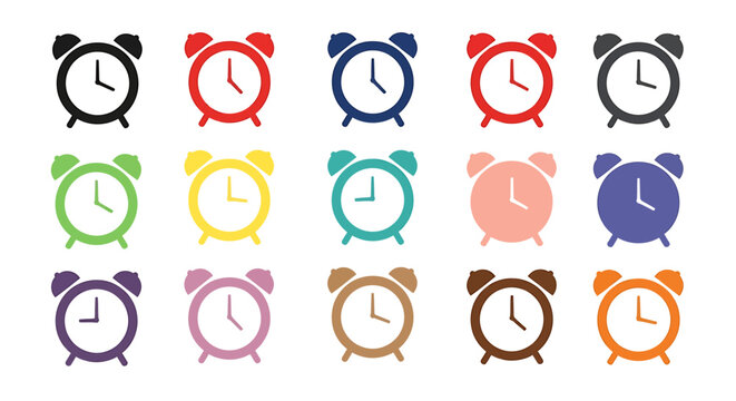 A collection of fifteen colorful alarm clock icons in various hues, neatly arranged in three rows on a clean white background.
