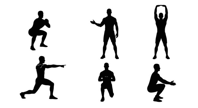 Silhouette of a man performing various fitness exercises, including squats and lunges.