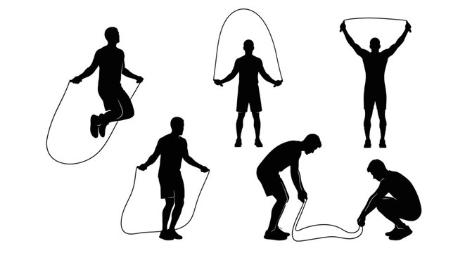 Silhouette of a man jumping rope, various poses, fitness and exercise concept