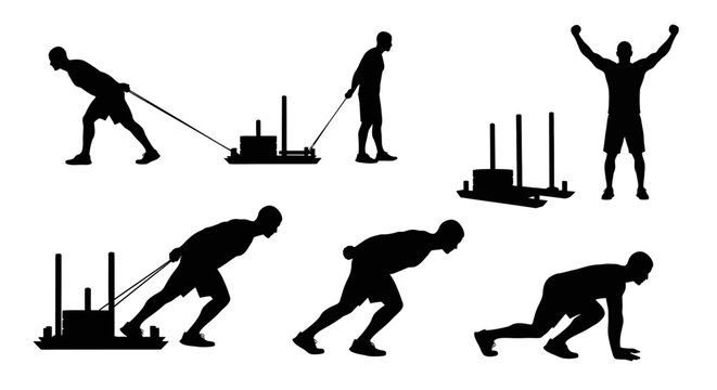 Silhouette of athlete performing sled push and pull exercises, dynamic workout poses