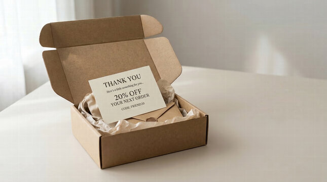 Open Cardboard Package With Thank You Card And Discount Offer For Ecommerce Order And Customer Loyalty Promotion