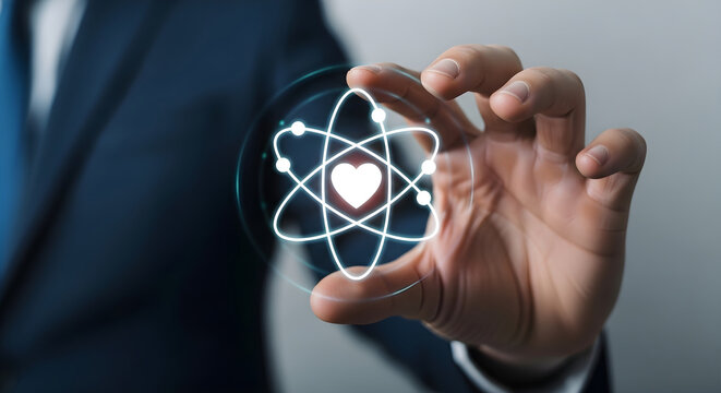 Businessman holding atom symbol with heart in hand for science