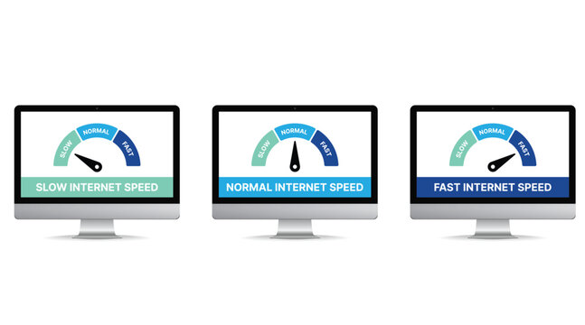 Internet Speed Test Concept Set, Network Performance Vector Illustration with Slow, Normal and Fast Connection Indicators