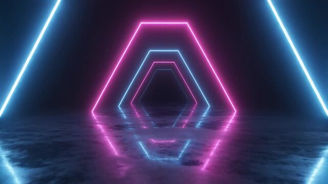 Neon hexagonal shapes glow pink and blue on a dark reflective floor with triangular beams.
