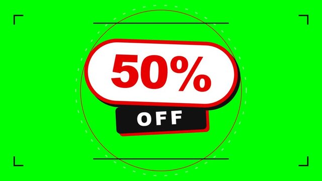Dynamic 50% off sales promotion animated badges on bright green screen for marketing campaigns, perfect for showcasing significant discounts and
