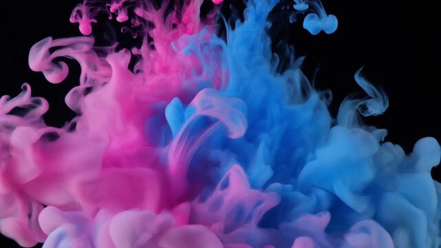 Vibrant pink and blue smoke swirls dynamically against a dark background