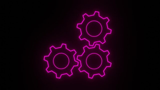three pink magenta neon glowing interlocking gears rotating seamless loop on dark black background