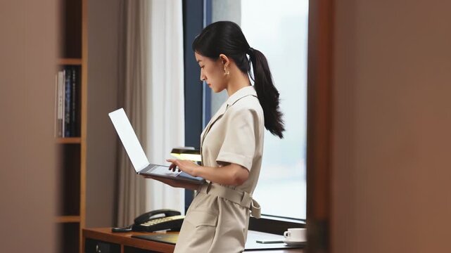 Concentrated business woman using a laptop computer to work online, taking notes in her diary and looking up into the distance, girl corporate typing, sending emails, checking things off her to do