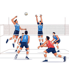 Fototapeta premium Volleyball game action illustration, athletes playing volleyball, sports competition, team sport