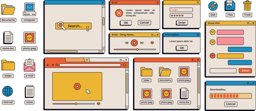 Retro User Interface Elements Set, Vintage Desktop UI Vector Collection with Windows, Dialog Boxes, Icons and Media Player Screens