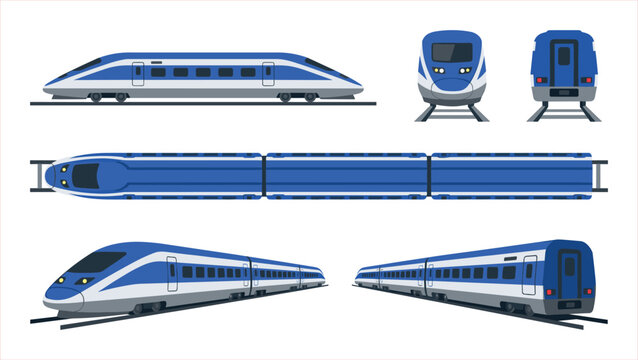 Modern Blue and White High-Speed Train Set: Side, Front, Rear, Top, and Perspective Views