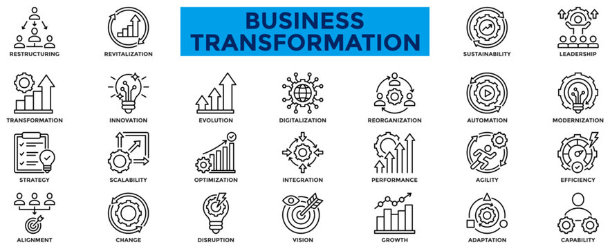 A collection of business transformation icons. Contains icons for transformation, innovation, evolution, agility, efficiency, alignment, change, disruption, vision, and adaptation. Line vector illustr