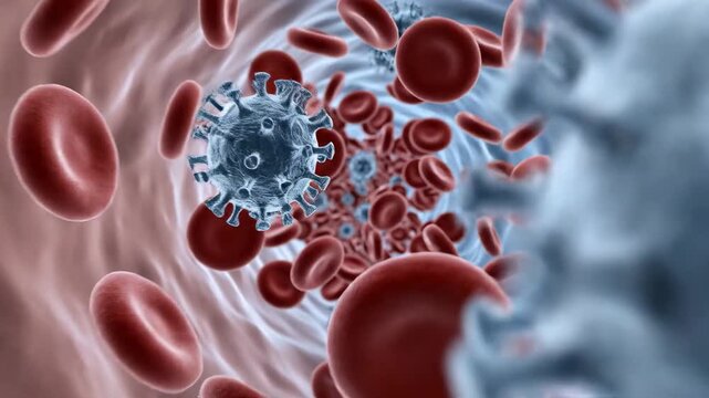 Microscopic view of virus and red blood cells circulating within bloodstream illustrating pathogen impact and medical science