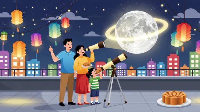 Mid autumn festival family night cartoon illustration with mooncake and telescope on rooftop celebrating together