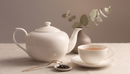 Fototapeta premium A white ceramic teapot and teacup with loose tea leaves on a small dish, accompanied by a spoon and a vase with green leaves, set on a light-colored surface.