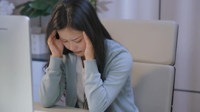 Stressed businesswoman studying or working overtime in the night at home, holding her head in despair due to overwork, multitasking, and tight deadlines causing a mental breakdown