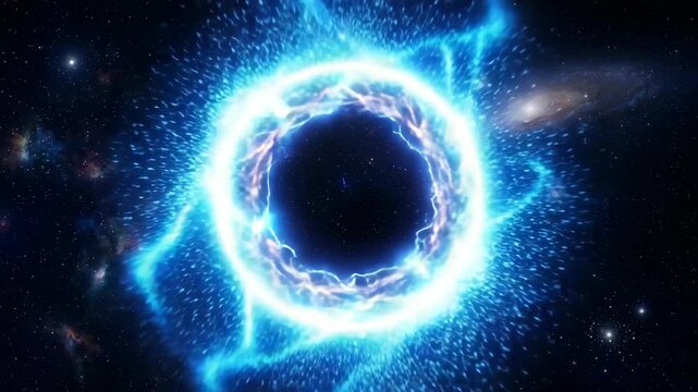 Cosmic portal of blue energy glows brightly in deep space with stars