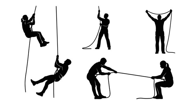 Silhouettes of People Climbing and Pulling Rope for Adventure and Sports