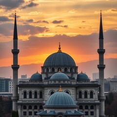 Fototapeta premium Majestic mosque with illuminated dome against modern city skyline at sunset